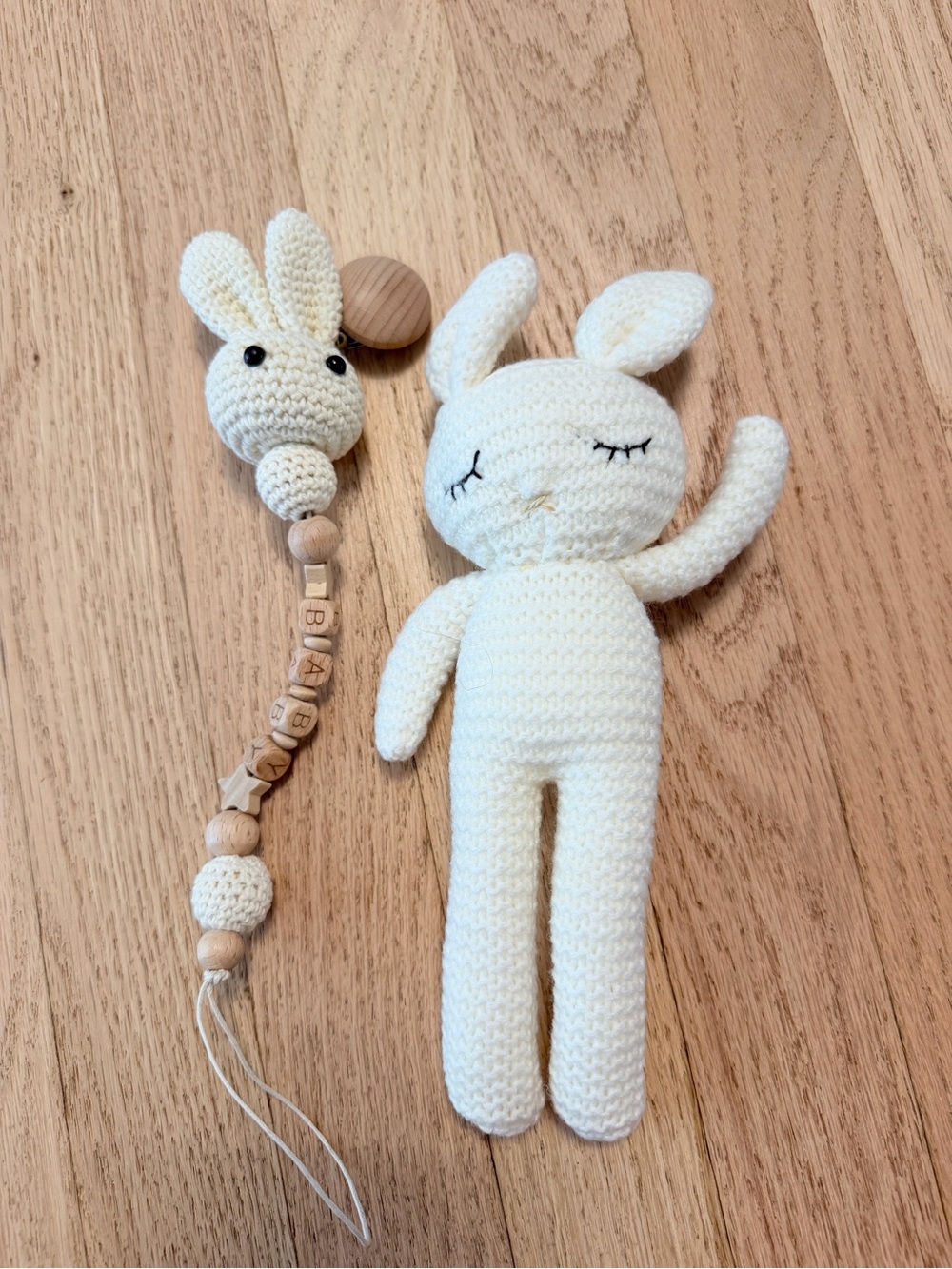 Handmade Cream Crochet Bunny Plush and Rattle Set